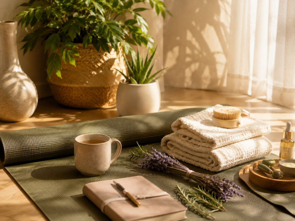 Holistic wellness space featuring herbal self-care essentials and calming botanical décor.