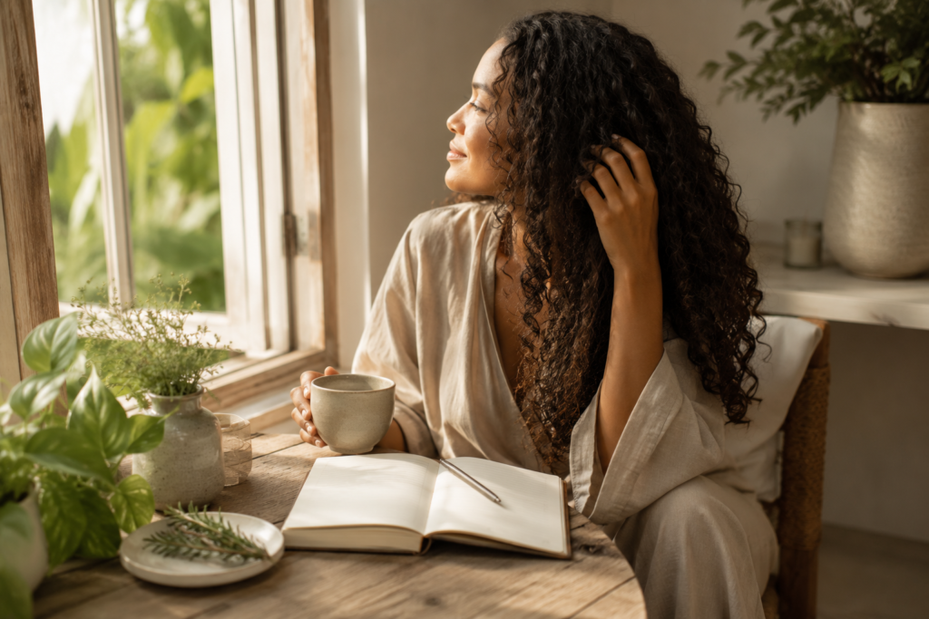 Mindful morning ritual celebrating naturally defined curls and botanical self-care.