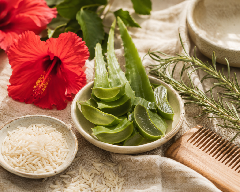 Fresh botanical ingredients traditionally used in natural curl care.