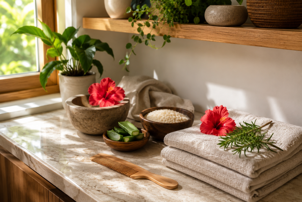Botanical-inspired curl care essentials arranged in a calming wellness space.