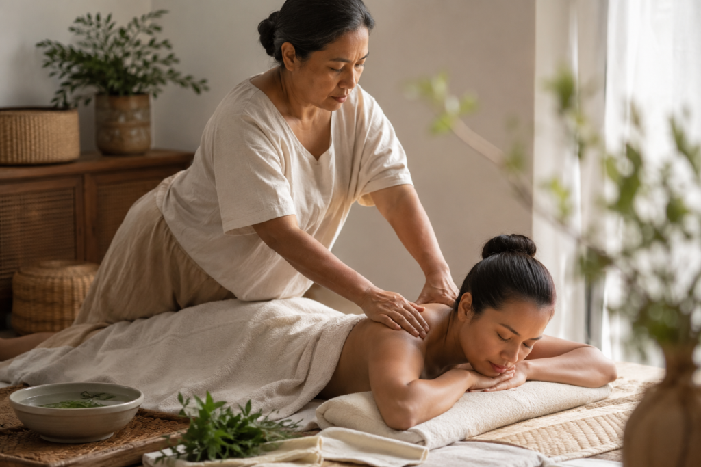 Gentle postpartum massage inspired by traditional Filipino wellness practices.
