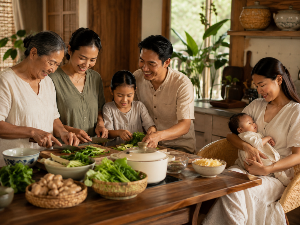 Filipino family supporting a new mother through shared meals and postpartum care.