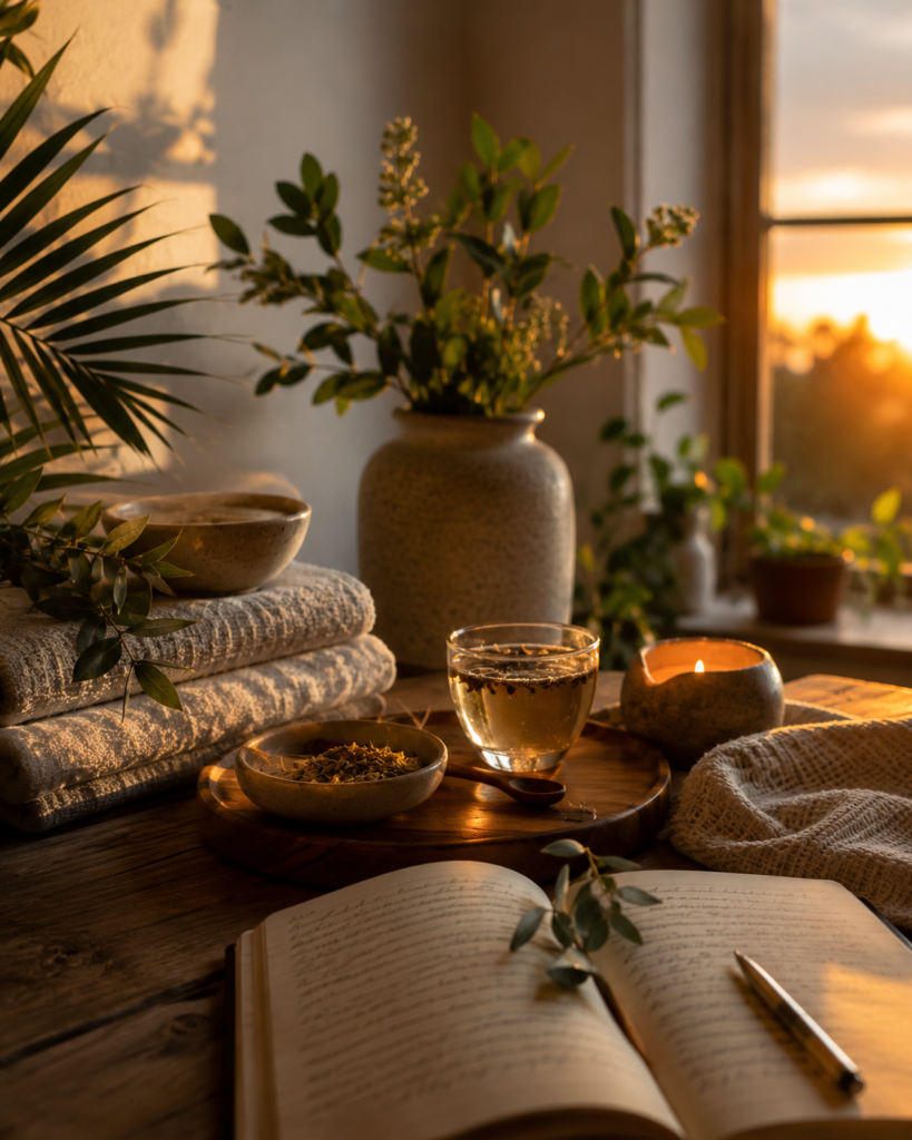 Evening self-care ritual inspired by holistic Filipino wellness traditions.
