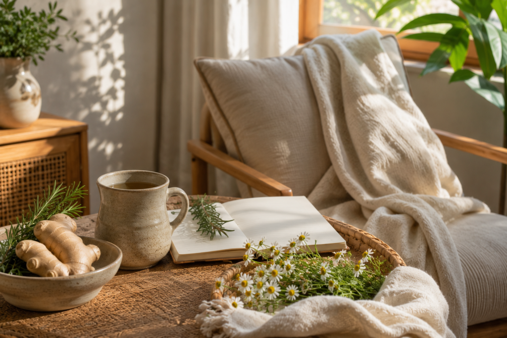 Mindful postpartum self-care space inspired by Filipino wellness traditions.