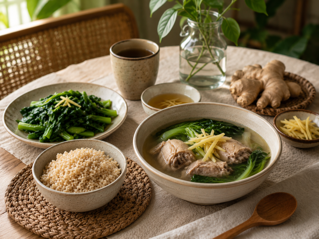 Traditional nourishing Filipino postpartum meal with warm soup and fresh vegetables.