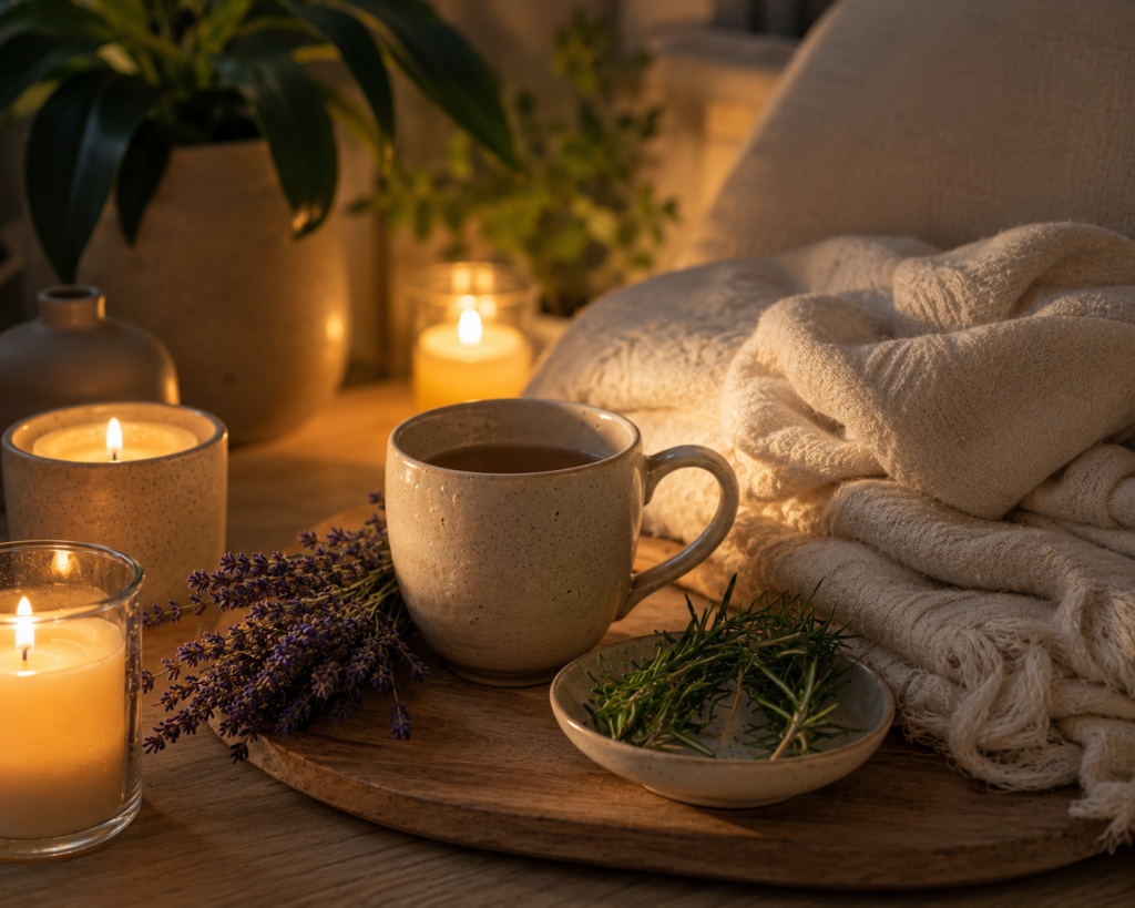 Relaxing evening botanical wellness corner designed for mindful self-care.