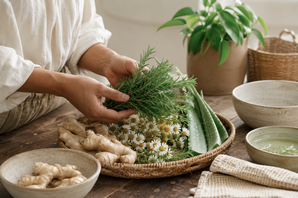 Fresh botanical herbs traditionally used in everyday wellness rituals.