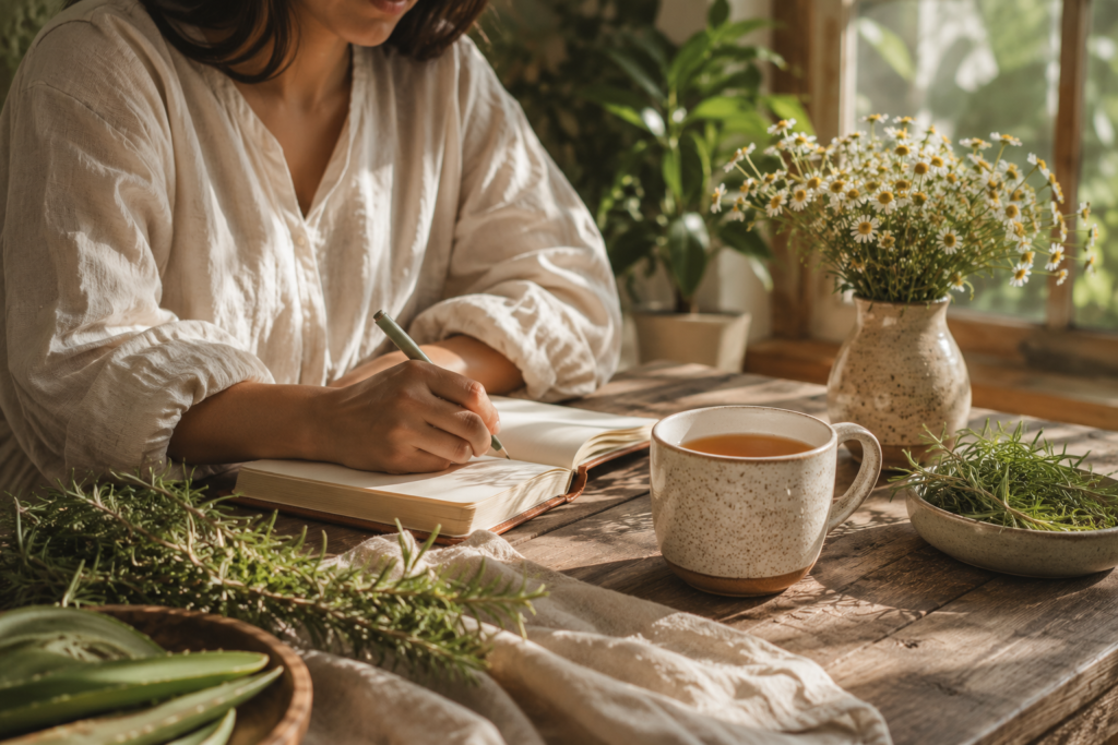 Mindful botanical wellness routine featuring herbal tea and journaling.