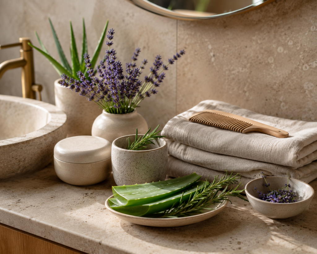 Minimalist botanical self-care space with herbs and natural wellness accessories.