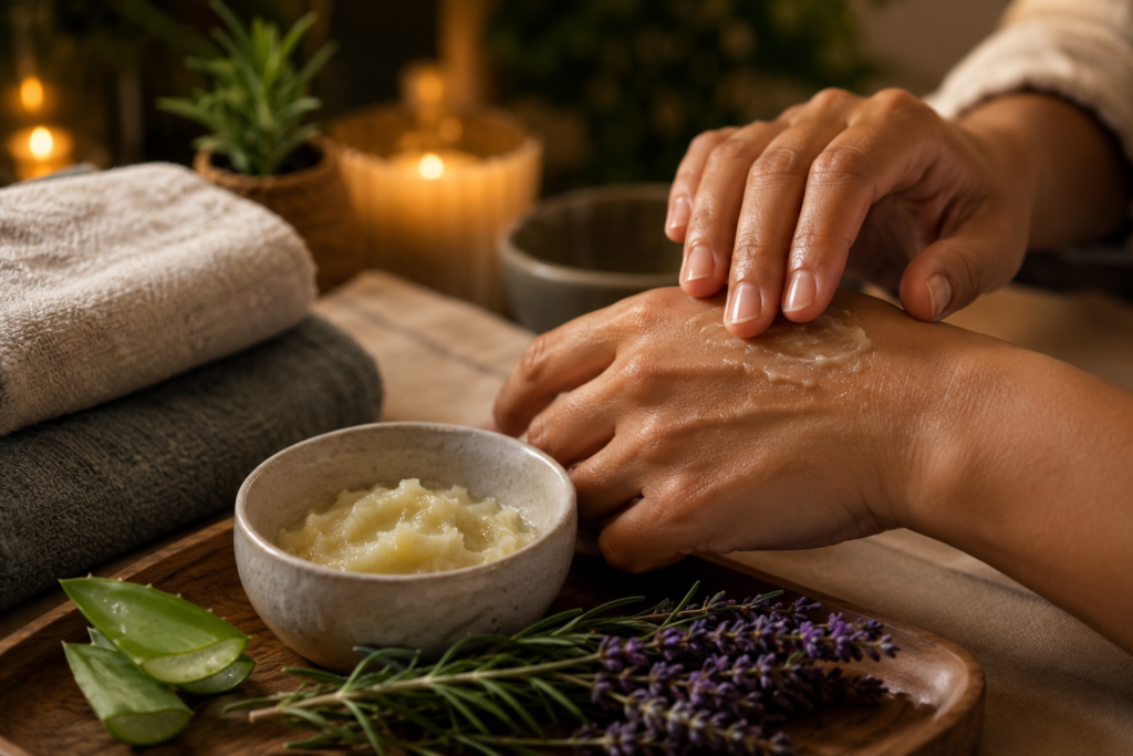Hands gently applying botanical balm during an evening wellness routine.