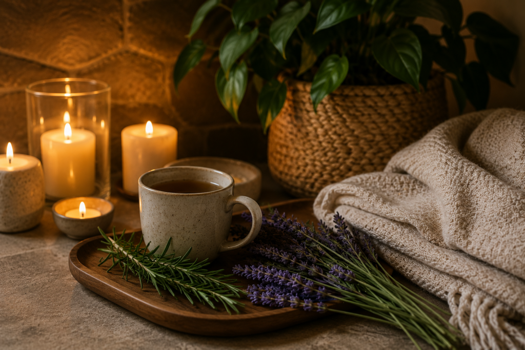 Peaceful evening botanical wellness corner with herbal tea and calming natural décor.