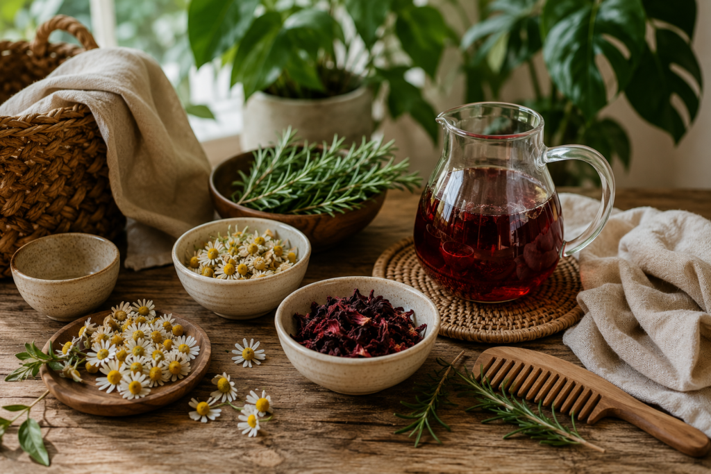 Fresh herbs and botanical ingredients prepared for a homemade hair tea.