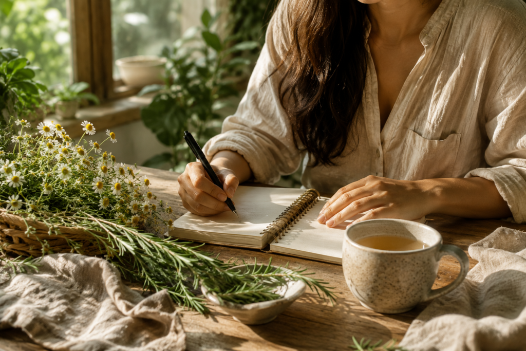 Person enjoying a calming botanical herbal drink beside a journal in natural morning light.