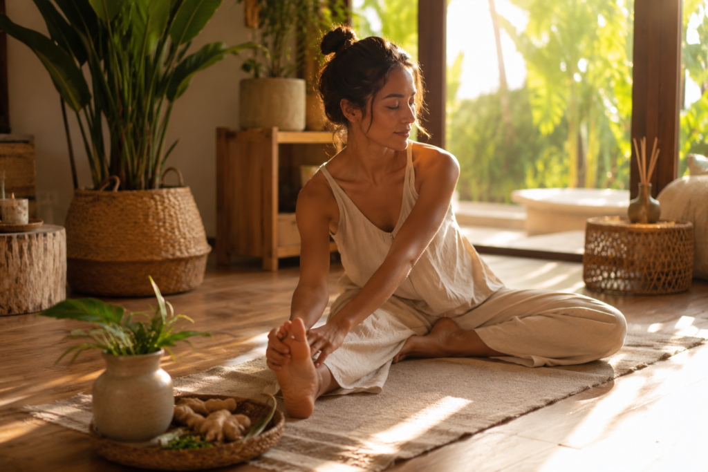Woman practicing mindful meditation surrounded by natural botanical elements.