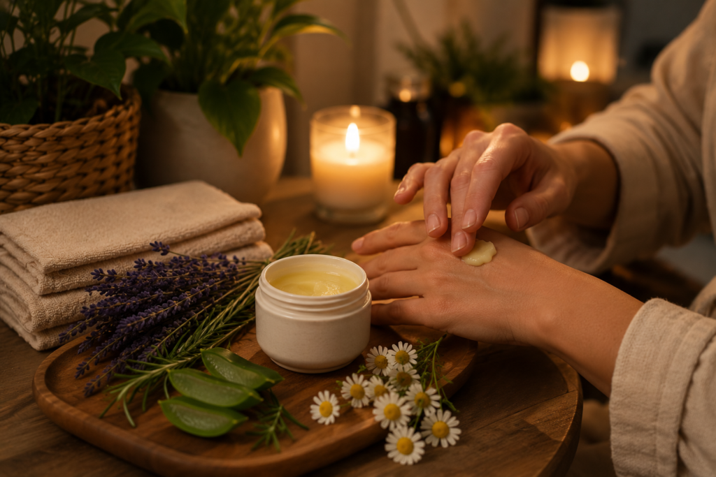 Hands applying botanical balm during a calming evening skincare routine.