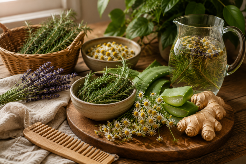 Fresh herbs prepared for a botanical hair rinse on a rustic wooden table.