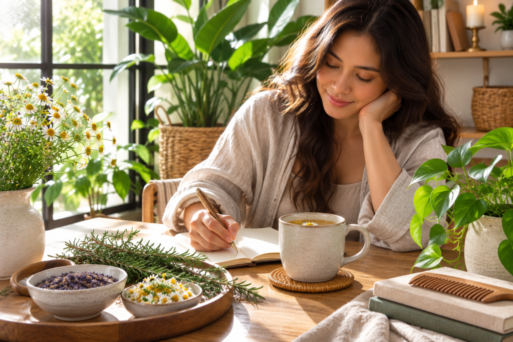 Person journaling with herbal tea beside indoor plants in warm morning sunlight.