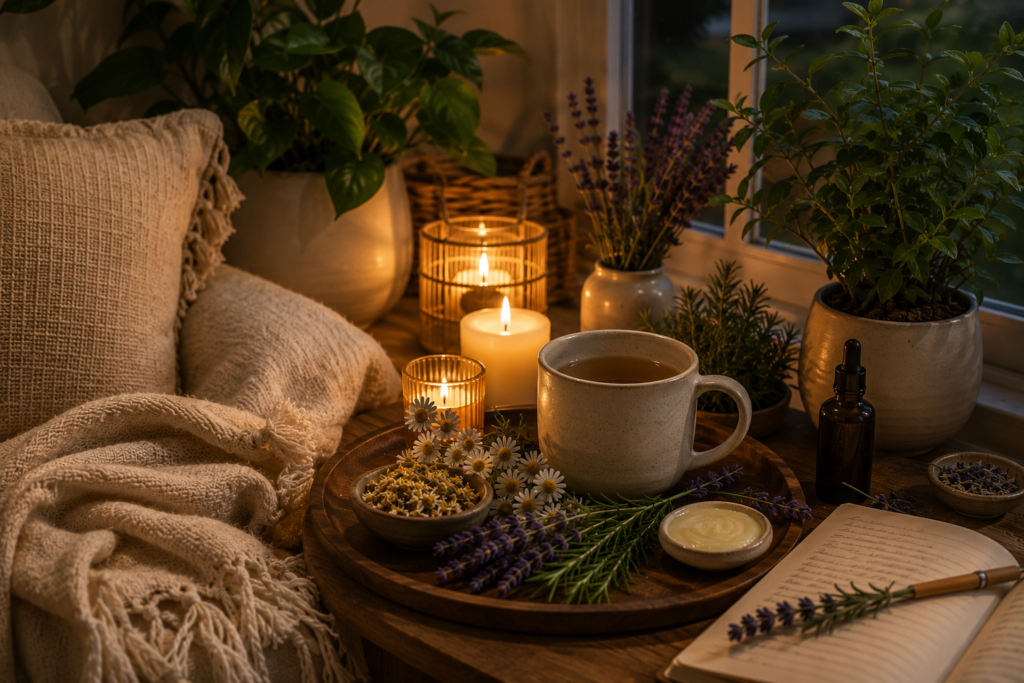 Tranquil evening wellness corner with herbal tea, candles, and calming botanical décor.