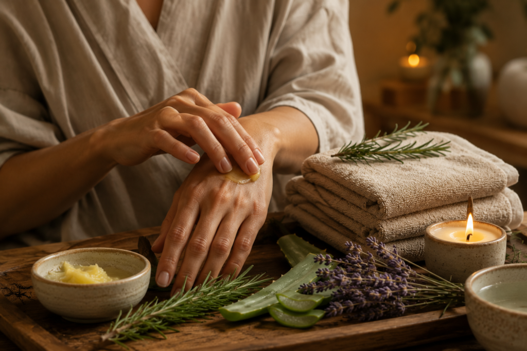 Hands practicing a calming evening botanical self-care ritual.