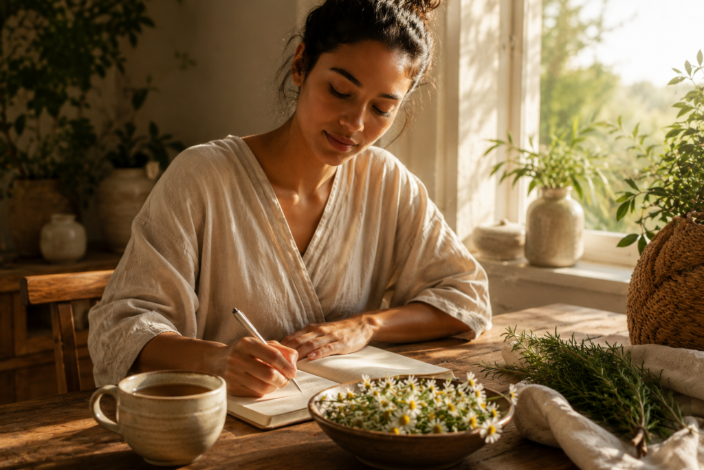Person enjoying a mindful morning wellness ritual with herbal tea and journaling.