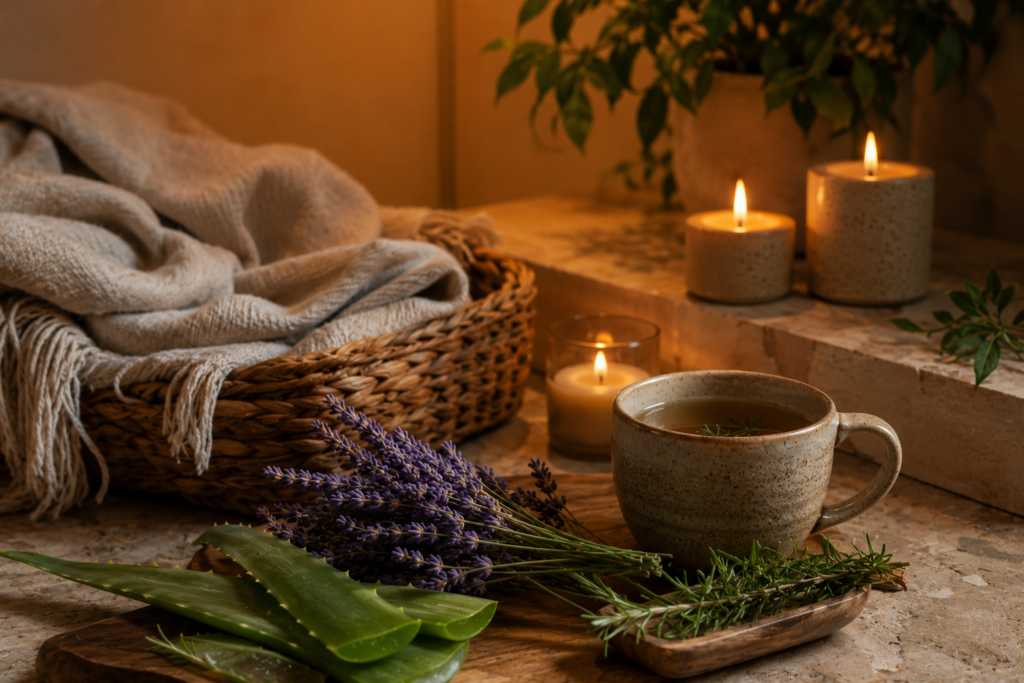 Peaceful evening wellness space designed for mindful botanical self-care.