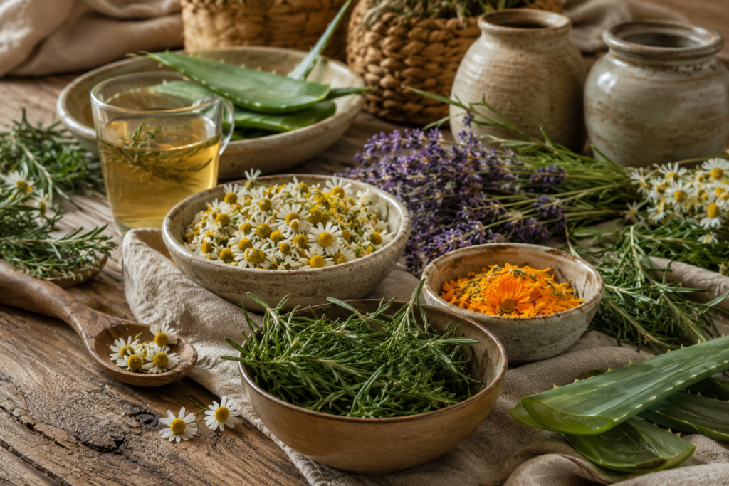 Fresh botanical herbs traditionally used in natural beauty rituals.