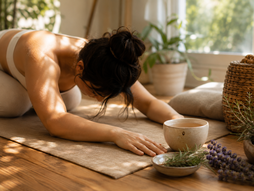 Gentle stretching as part of a mindful recovery routine.