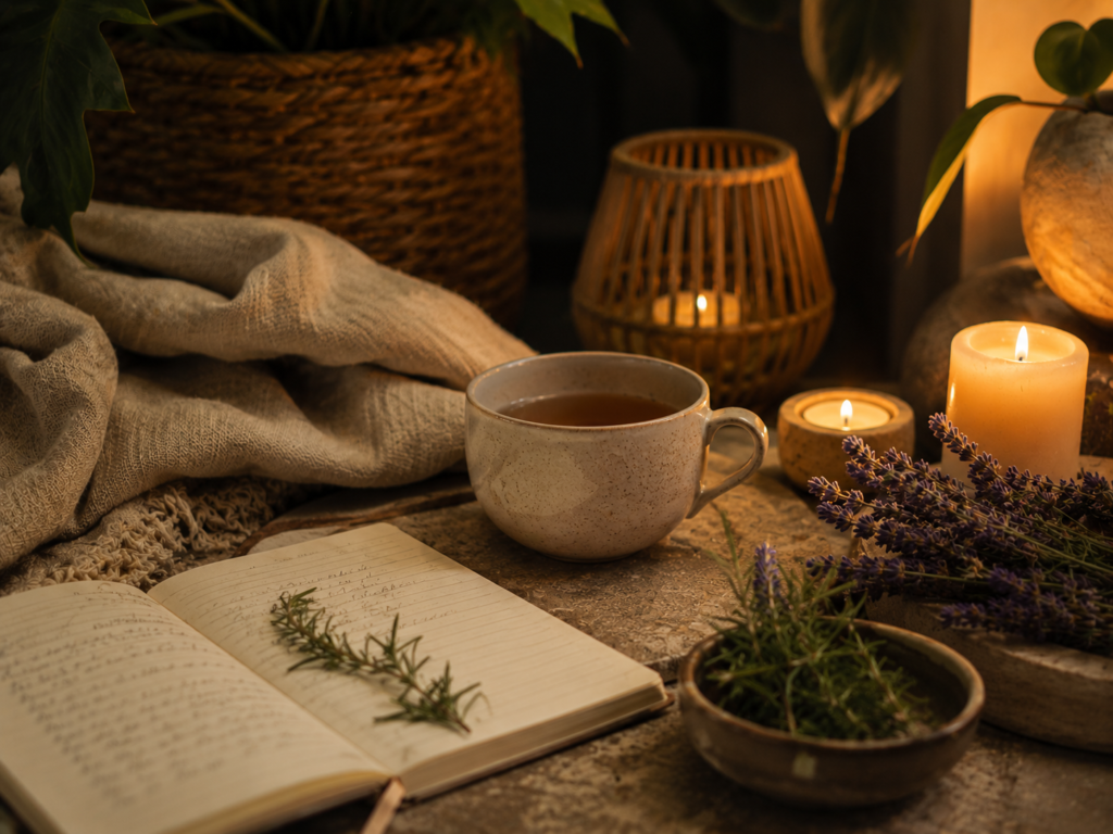 Peaceful evening wellness corner designed for relaxation and recovery.