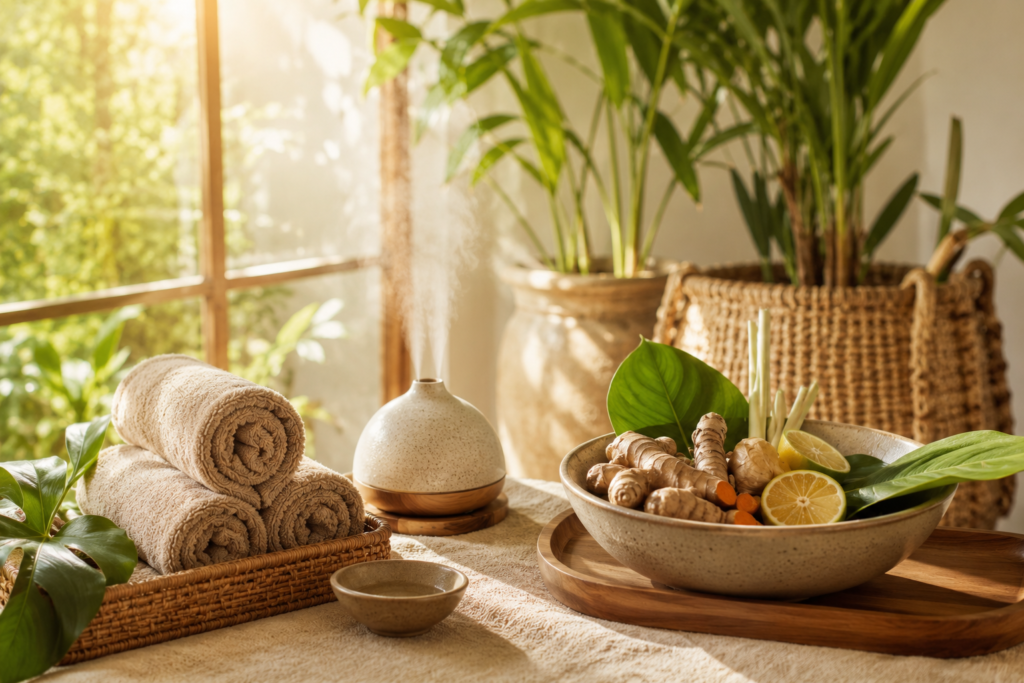 Natural wellness space featuring botanicals, linen, and handcrafted ceramics.