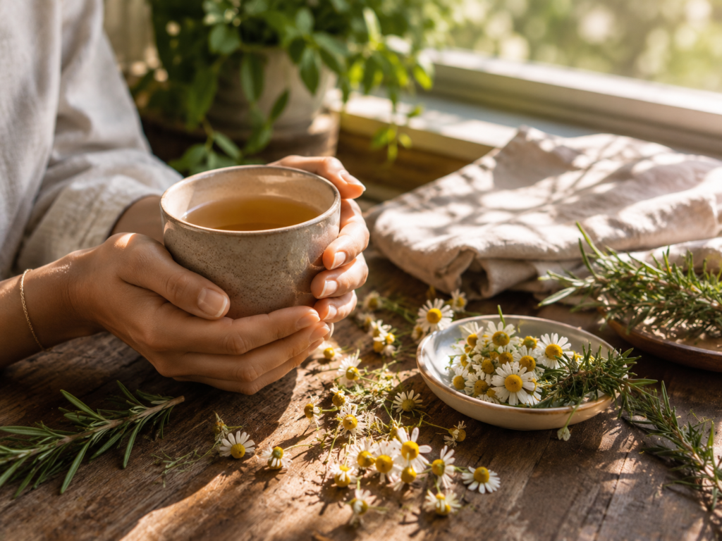 Hands holding herbal tea during a calming morning relaxation ritual.