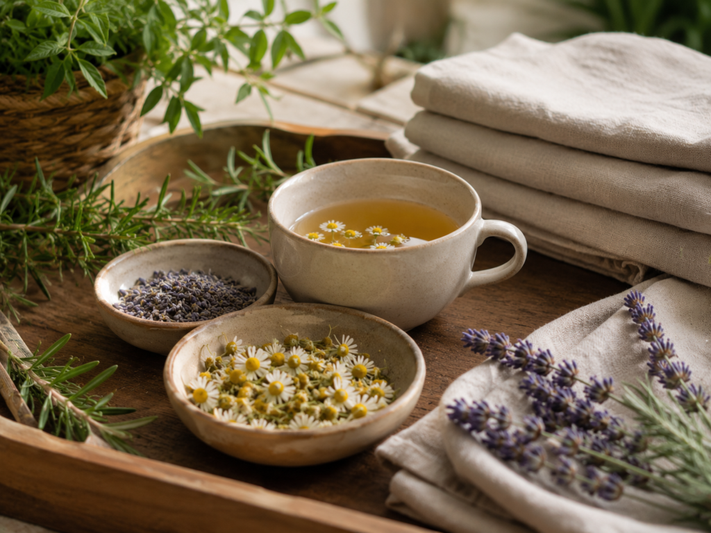 Fresh botanicals traditionally used in mindful relaxation rituals.