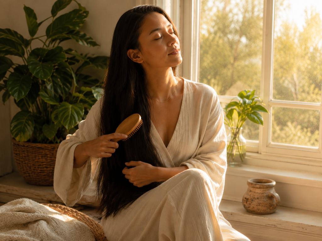 How to Build a Root-to-Soul Hair Care Ritual Mindful hair brushing as part of a calming daily self-care ritual.