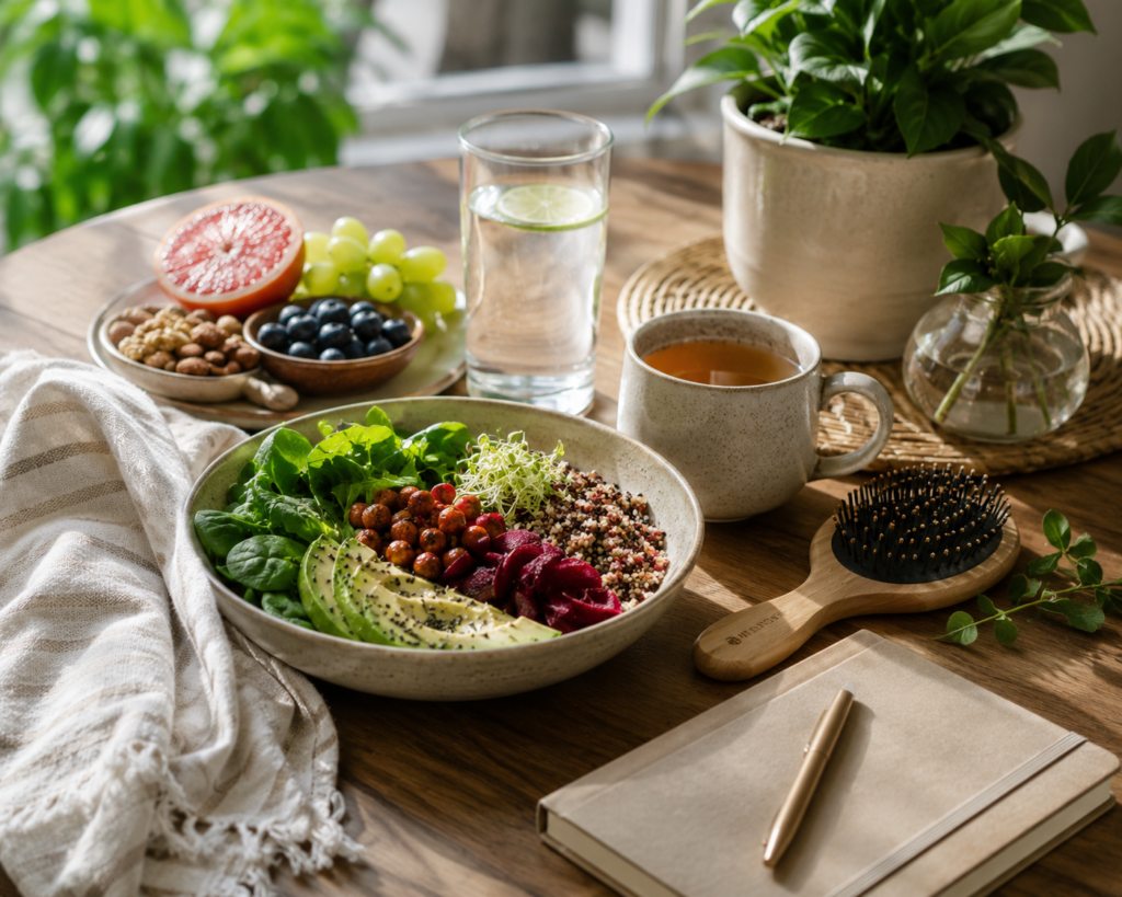 How to Build a Root-to-Soul Hair Care Ritual Balanced nutrition and hydration supporting a holistic hair wellness routine.