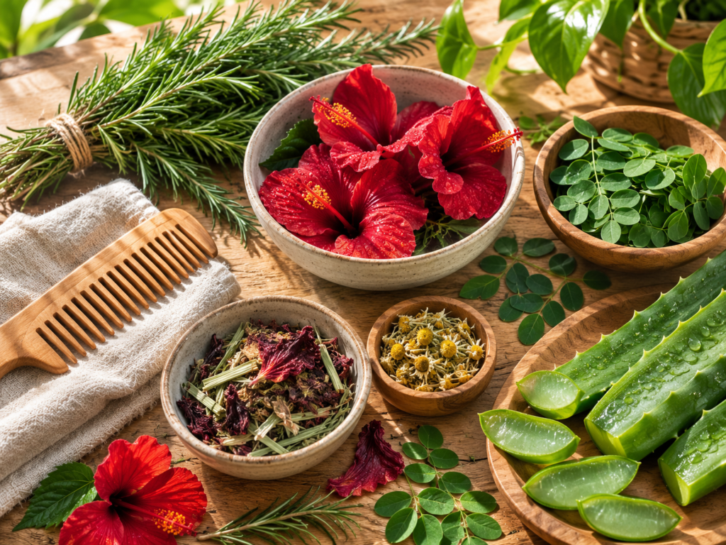 How to Build a Root-to-Soul Hair Care Ritual Natural botanical ingredients traditionally used in holistic hair care.