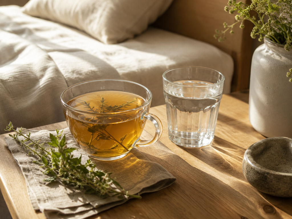 How to Create a Morning Wellness Ritual With Botanical Support Morning hydration with herbal tea and fresh water.