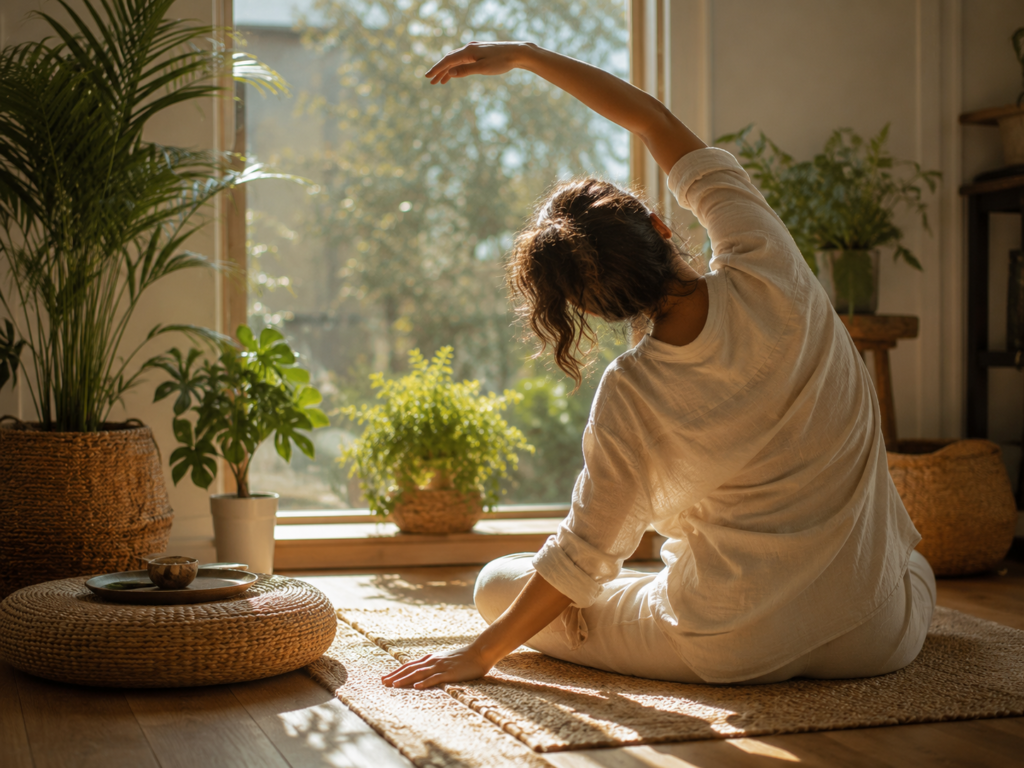 How to Create a Morning Wellness Ritual With Botanical Support Gentle morning stretching surrounded by indoor plants.