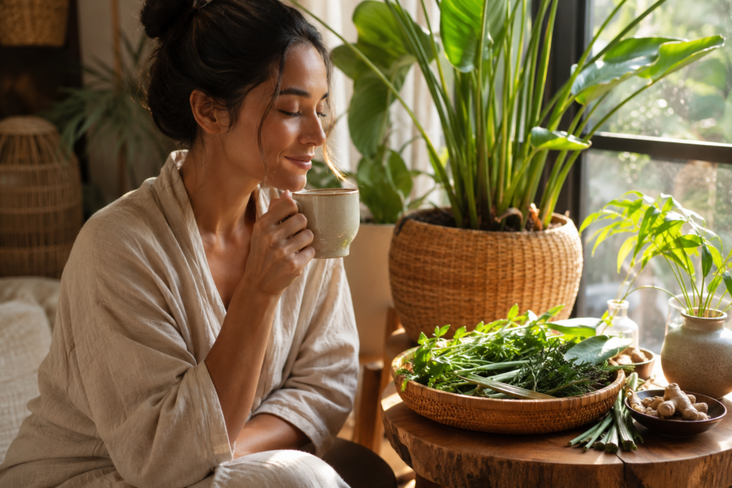 Woman practicing a calming botanical wellness ritual with herbal tea and natural sunlight.