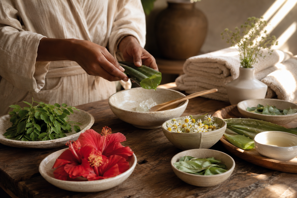 Preparing a calming herbal skincare ritual with fresh botanicals and natural ingredients.