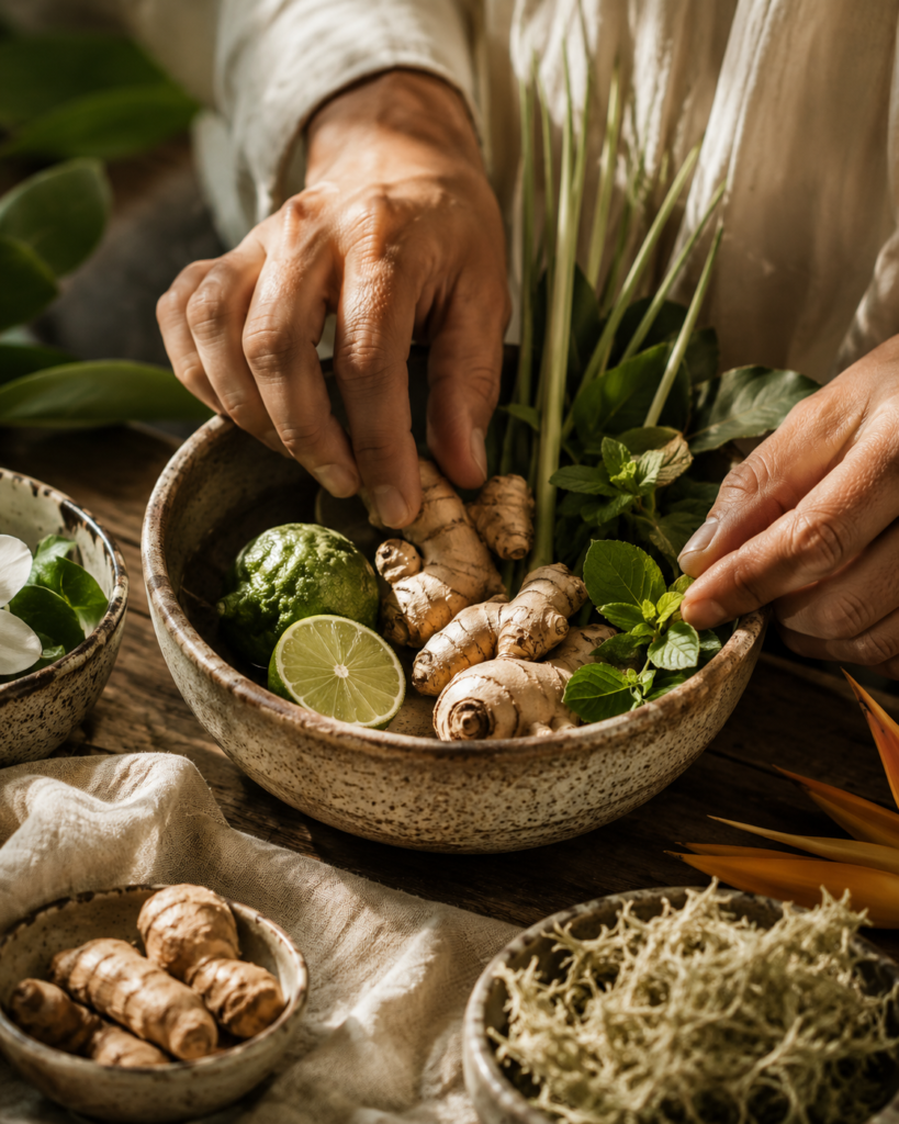 Fresh herbs and botanicals prepared for a mindful natural wellness ritual.