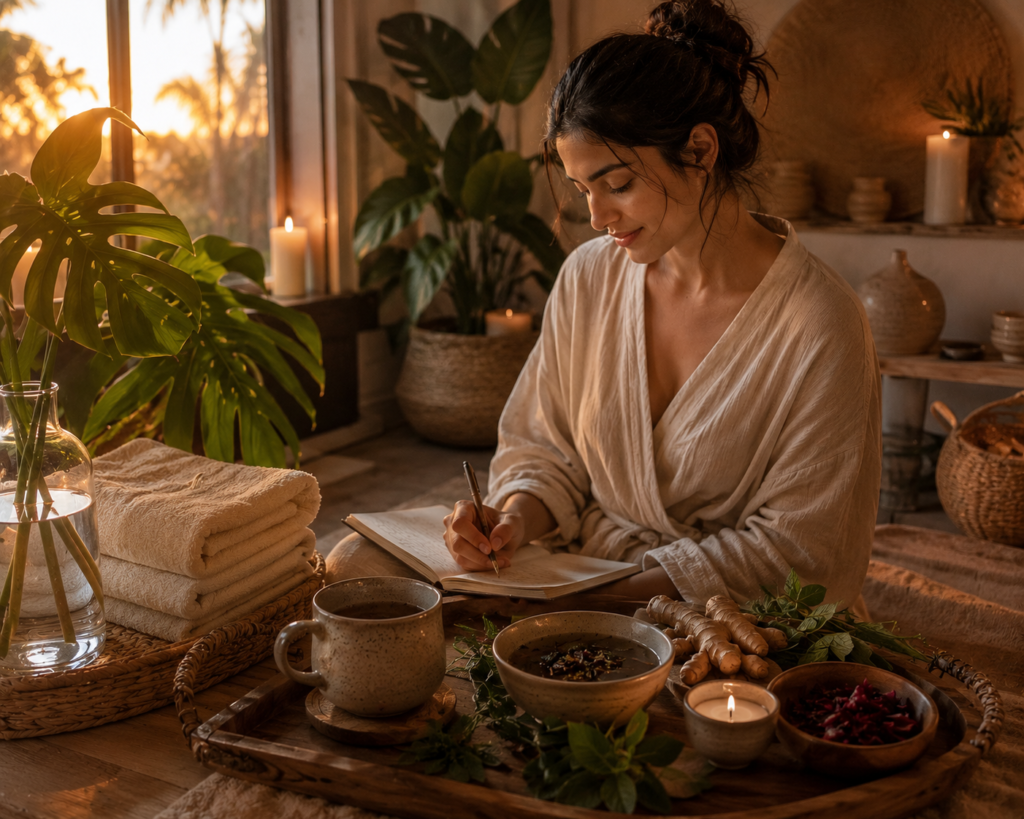Peaceful evening herbal self-care routine promoting relaxation and mindful wellbeing.