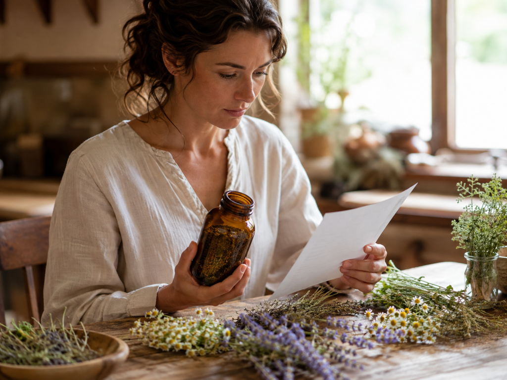 Woman thoughtfully reading a botanical supplement ingredient list in natural morning light