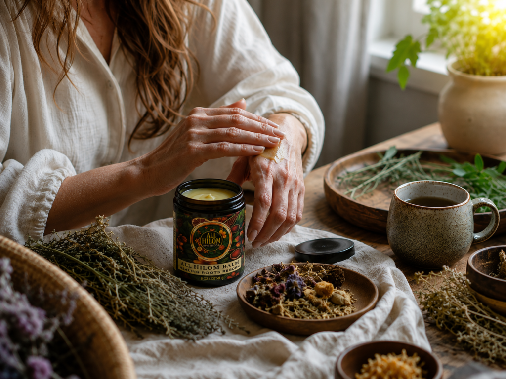 Person applying botanical balm to dry hands during a peaceful natural wellness ritual.