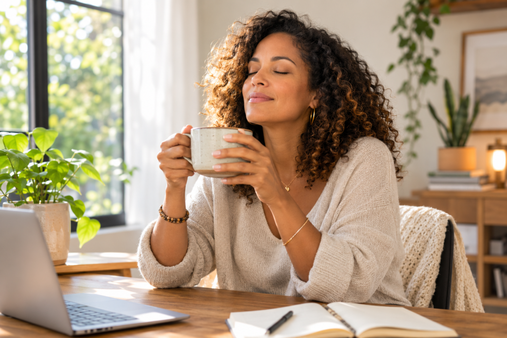 Busy professional woman pausing for a mindful moment with herbal tea in a sunlit home office