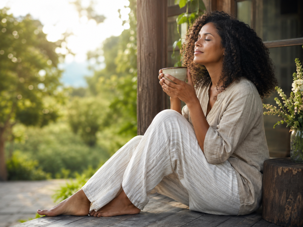 Woman enjoying a quiet moment with herbal tea on a sunlit porch surrounded by greenery.