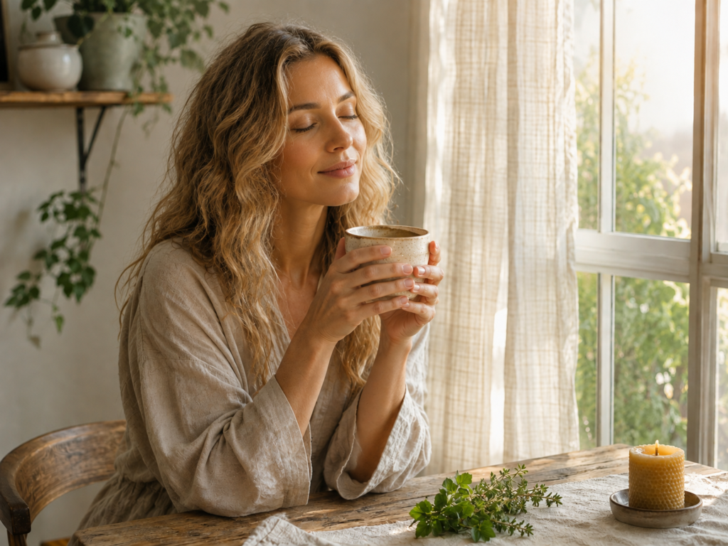 Woman sitting quietly by a sunlit window holding a mug of herbal tea in a moment of peaceful self-care ritual
