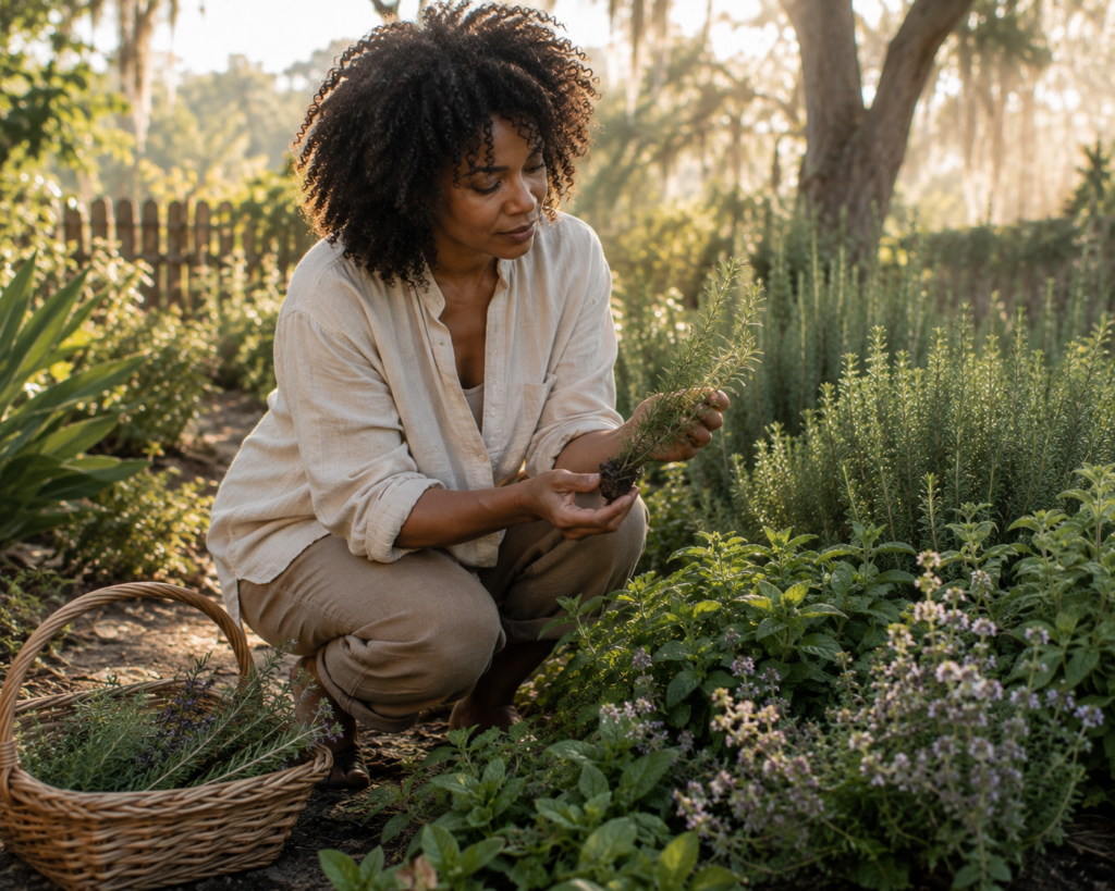 Apotheca botanical origins beginning with fresh herbs growing in a garden