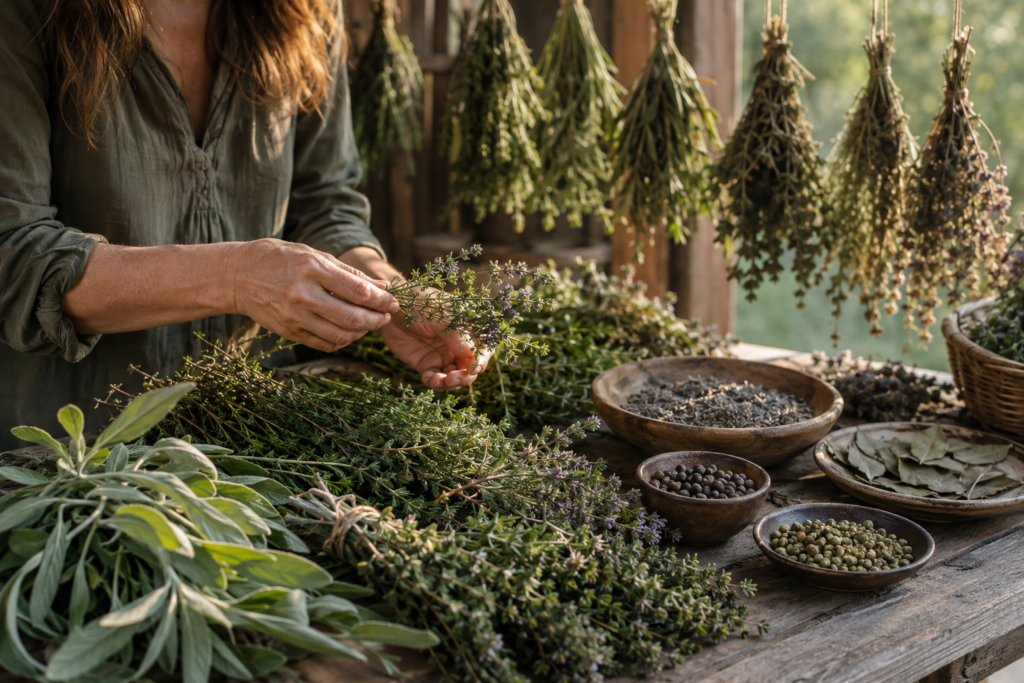 Culinary herbs being prepared for an autumn apothecary