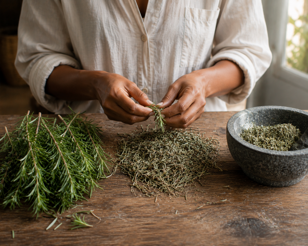 Fresh, dried, and crushed rosemary showing stages of apotheca preparation
