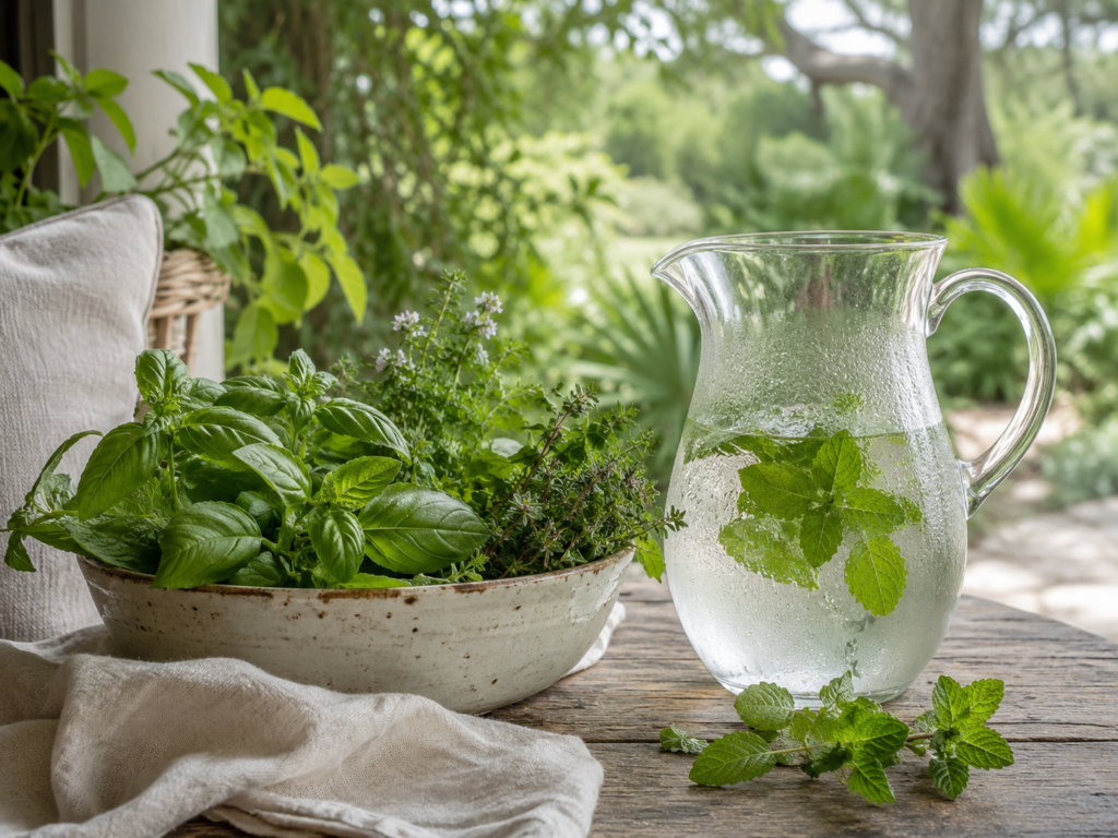 Fresh mint and herbs in a light summer apothecary setting