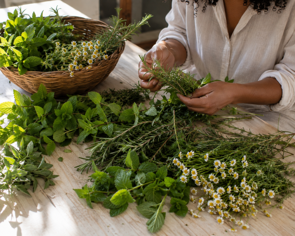 Freshly harvested herbs being inspected before botanical preparation